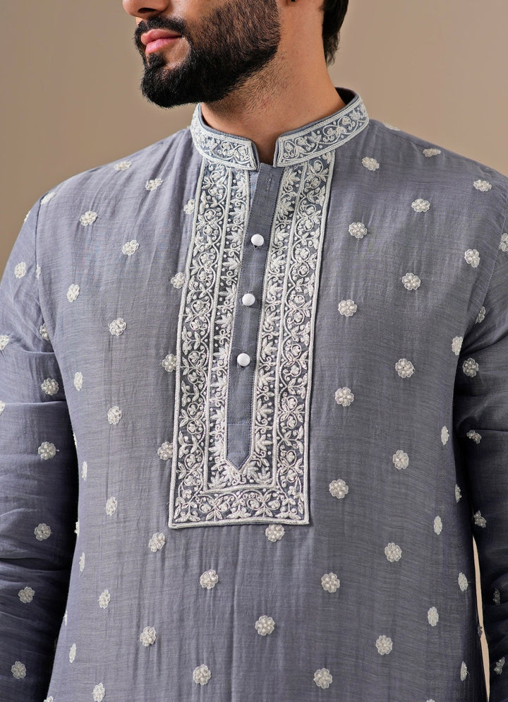 Grey Cotton Chanderi Kurta Set