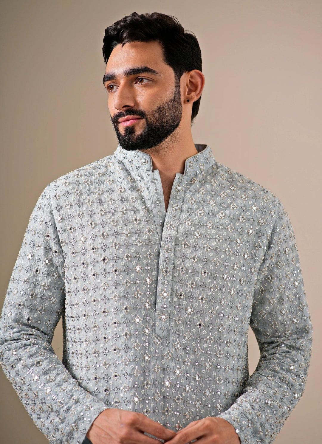 Powder Blue Georgette Mirror Kurta Pants Set