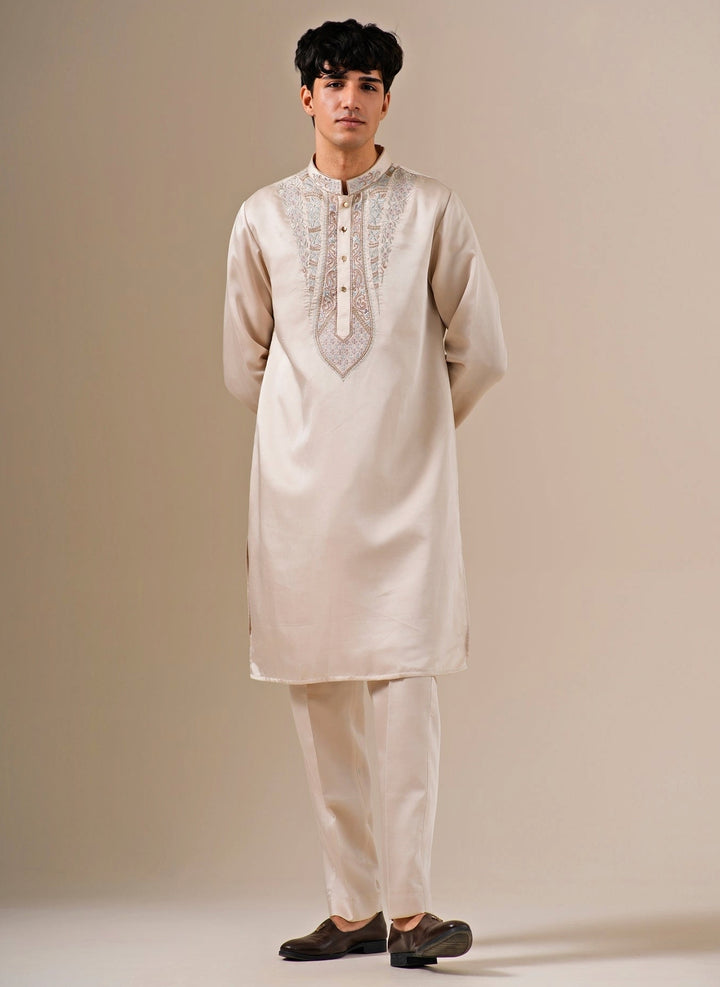 Beige Silk Blend Kurta Pants Set