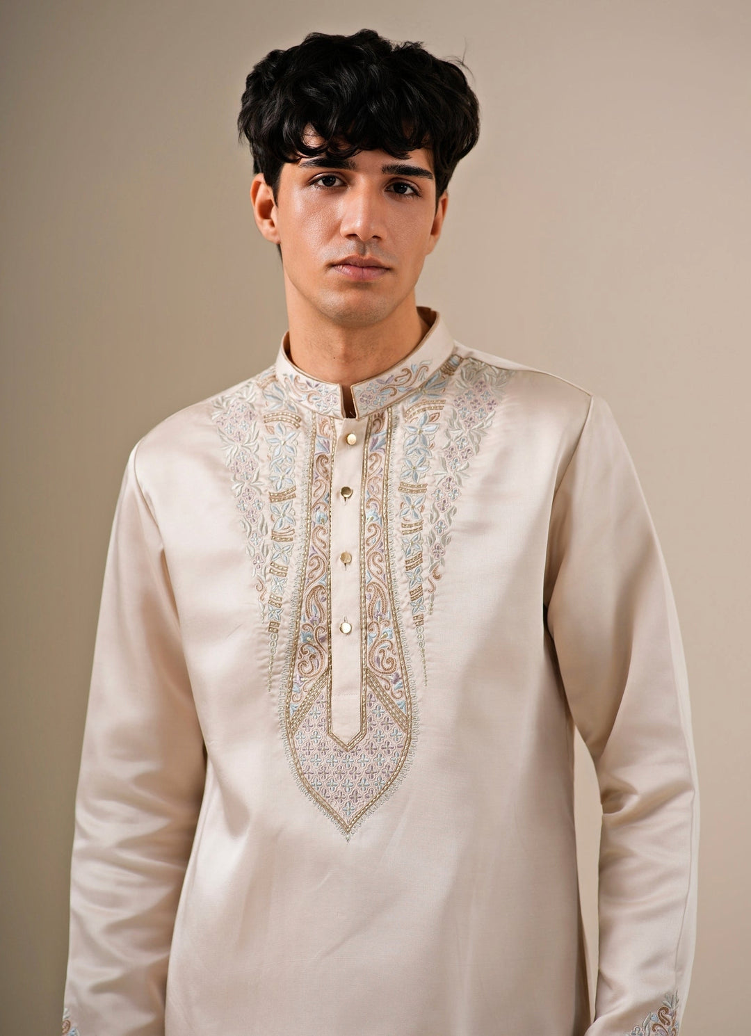 Beige Silk Blend Kurta Pants Set