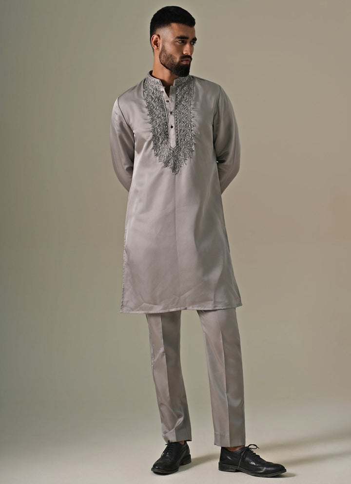 Grey Silk Blend Kurta Pants Set