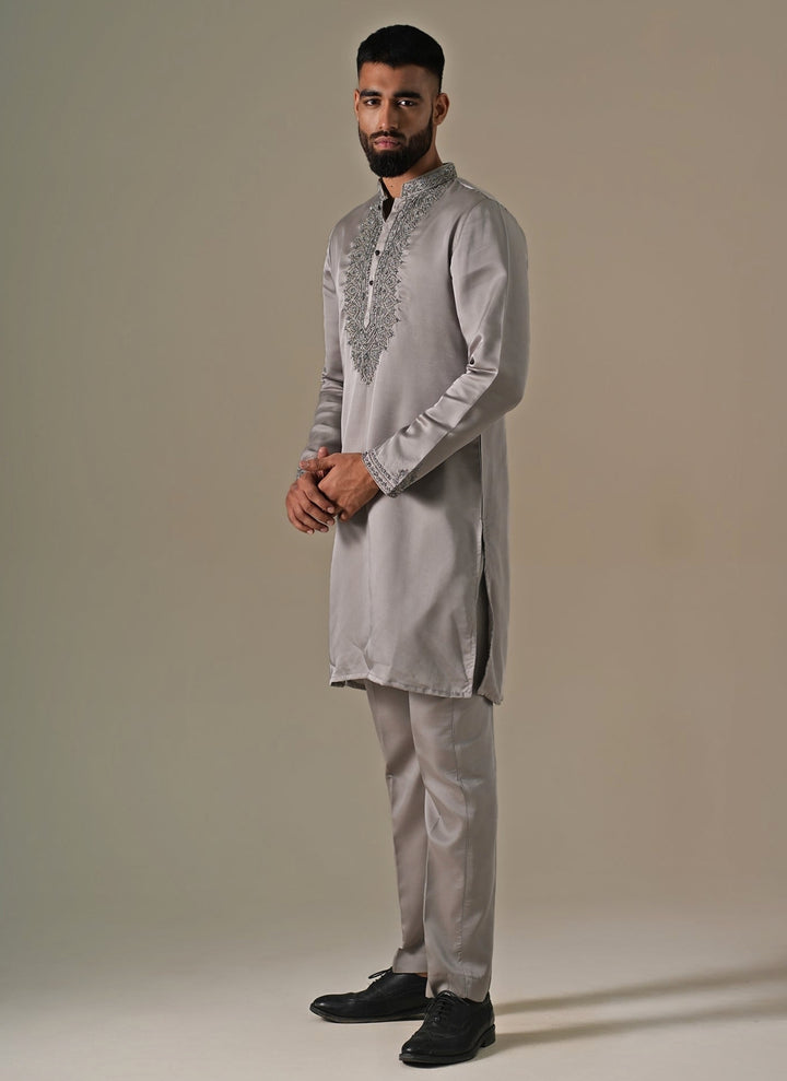 Grey Silk Blend Kurta Pants Set