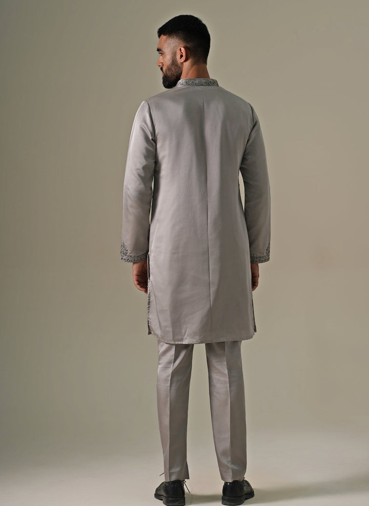 Grey Silk Blend Kurta Pants Set