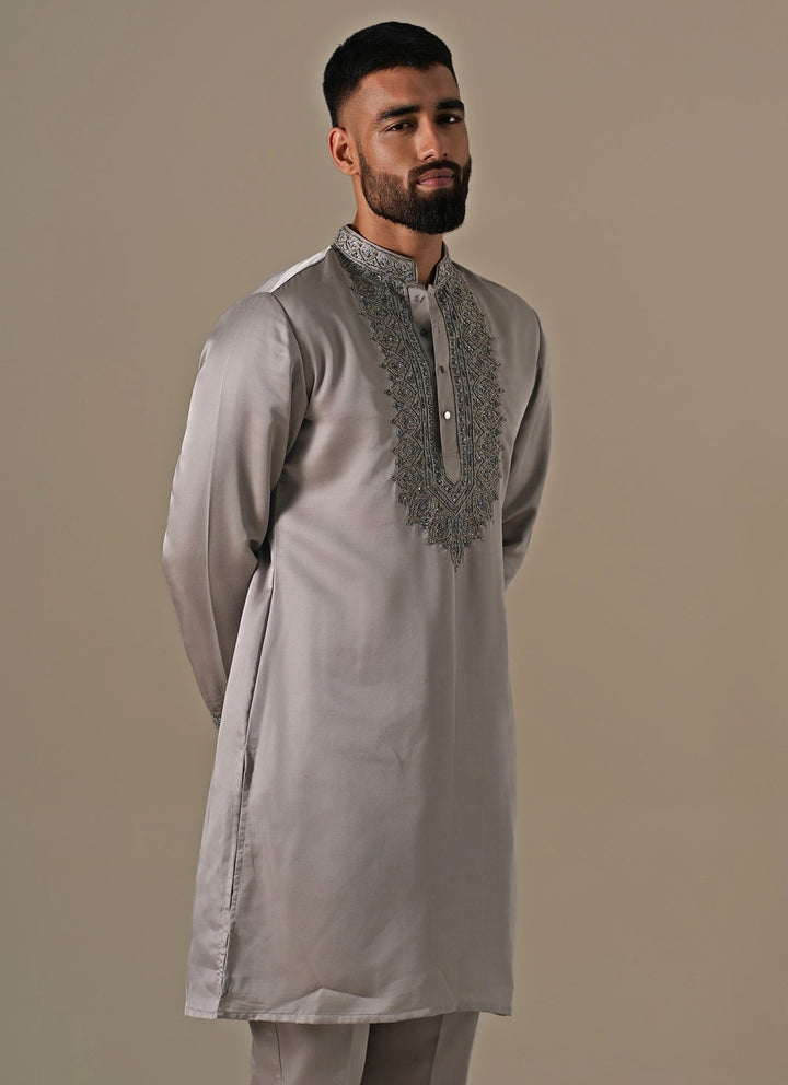 Grey Silk Blend Kurta Pants Set