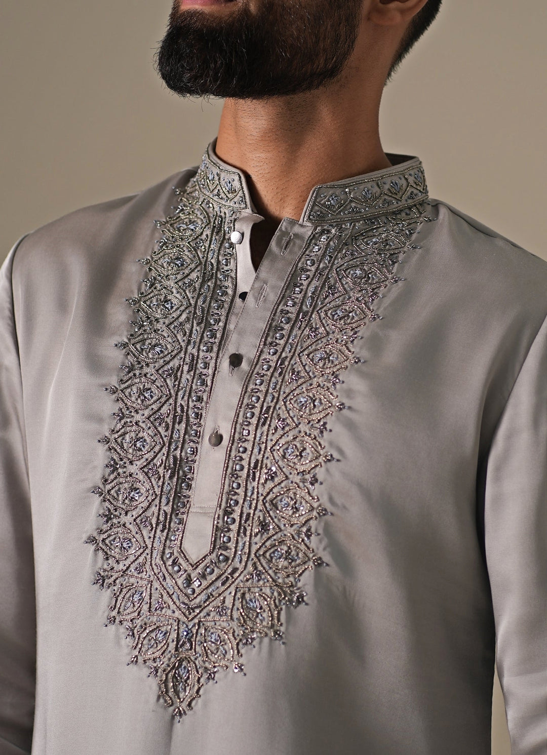 Grey Silk Blend Kurta Pants Set