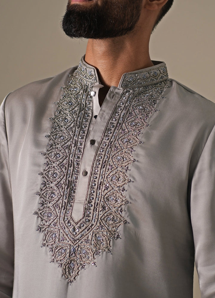 Grey Silk Blend Kurta Pants Set