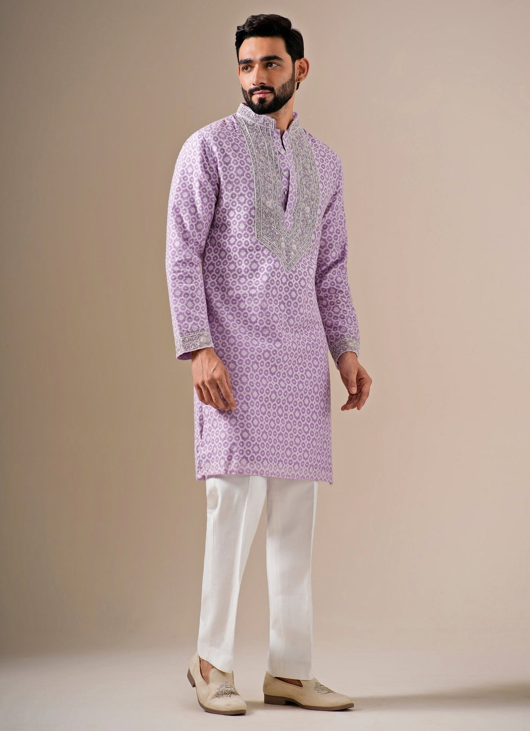 Lilac Cotton Jacquard Zari Kurta Set