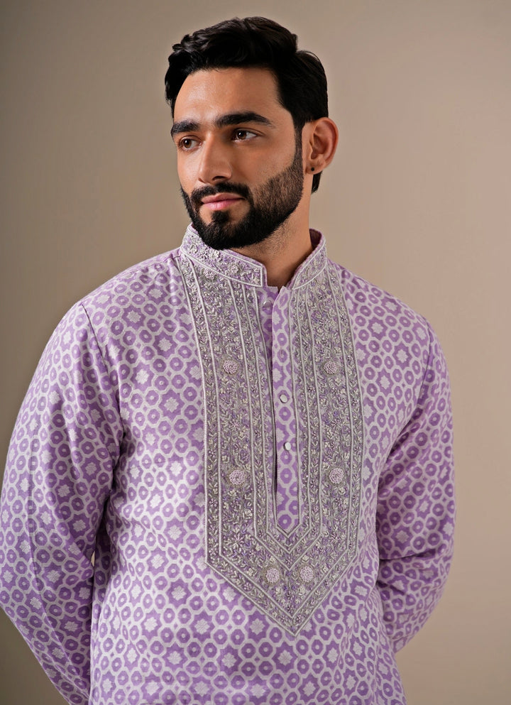 Lilac Cotton Jacquard Zari Kurta Set