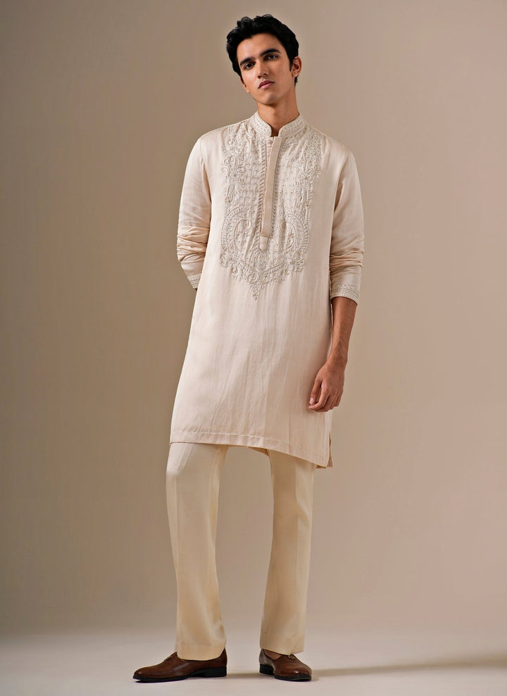 Beige Linen Satin Kurta Pants Set
