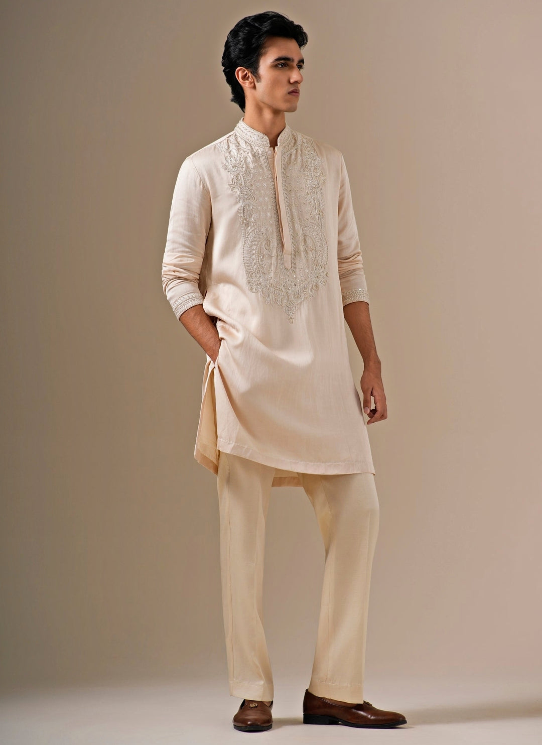 Beige Linen Satin Kurta Pants Set