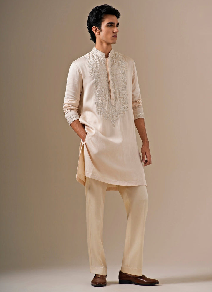 Beige Linen Satin Kurta Pants Set