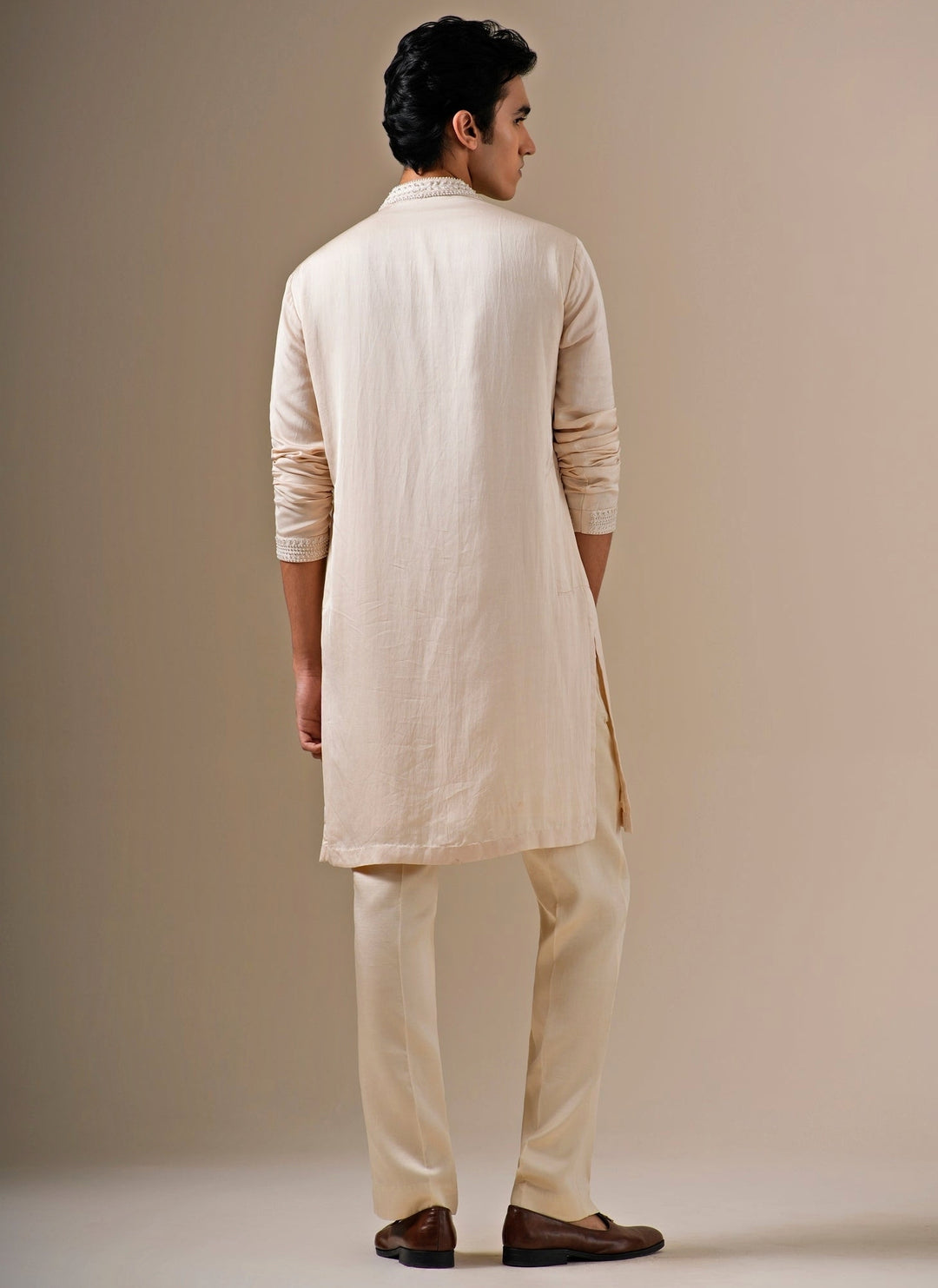 Beige Linen Satin Kurta Pants Set