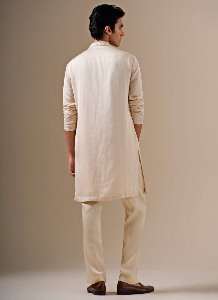 Beige Linen Satin Kurta Pants Set