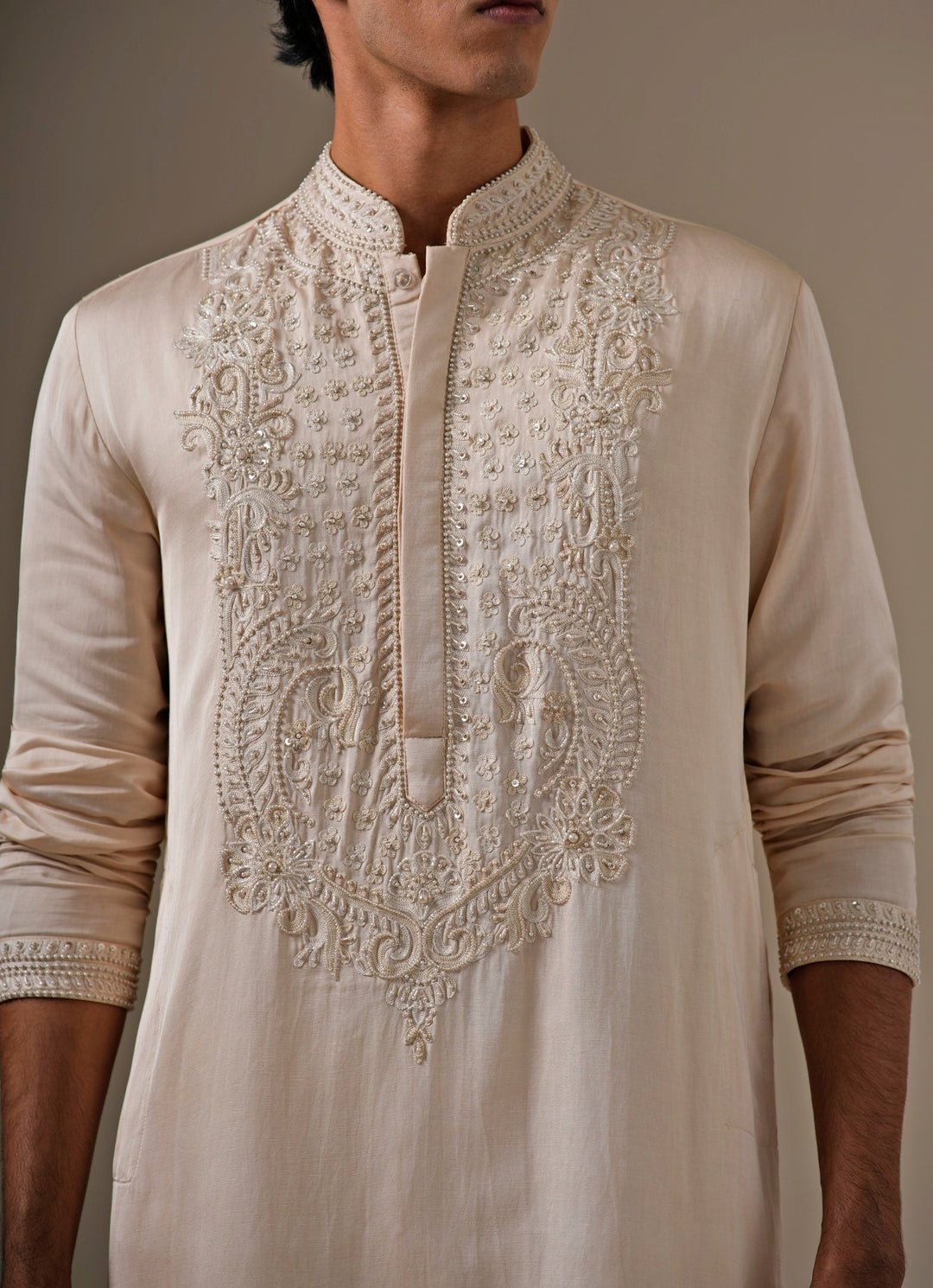 Beige Linen Satin Kurta Pants Set