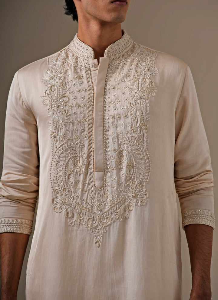 Beige Linen Satin Kurta Pants Set