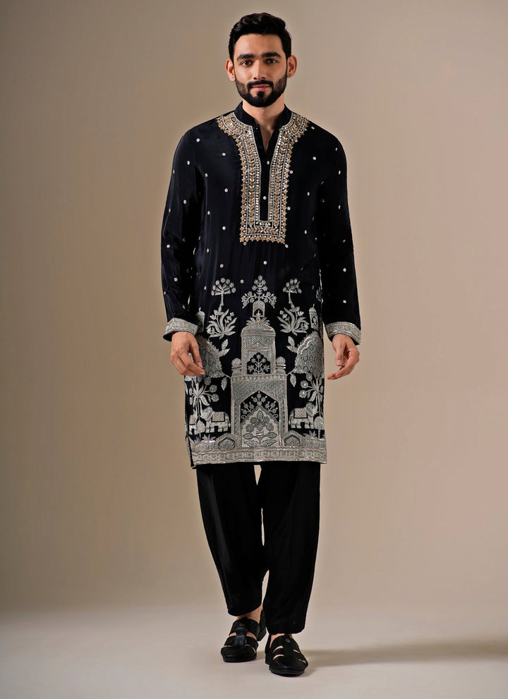 Black Chinon Kurta Pants Set