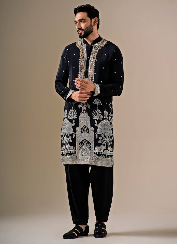 Black Chinon Kurta Pants Set