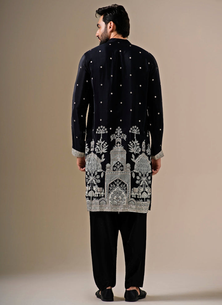 Black Chinon Kurta Pants Set