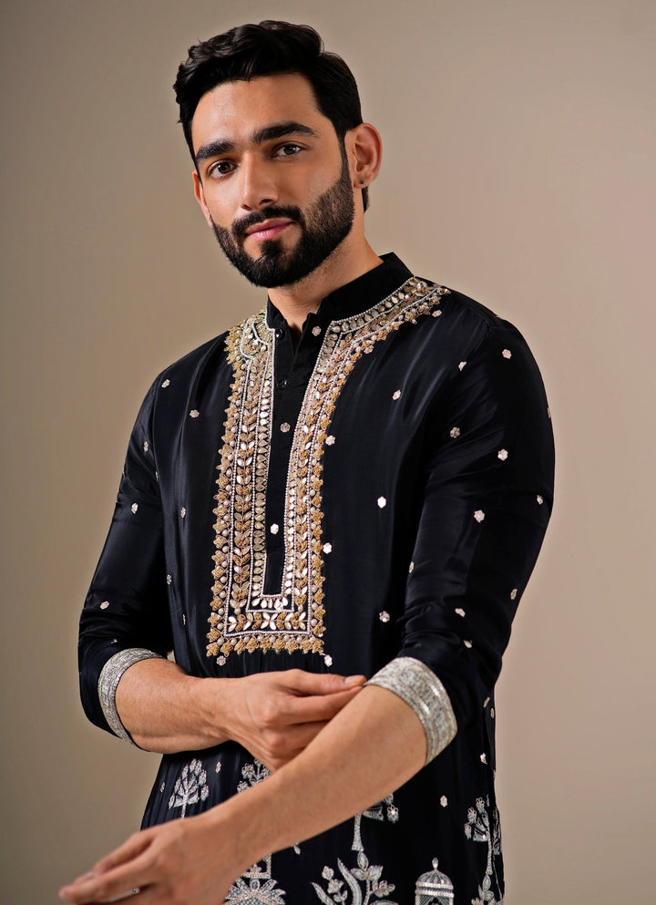 Black Chinon Kurta Pants Set