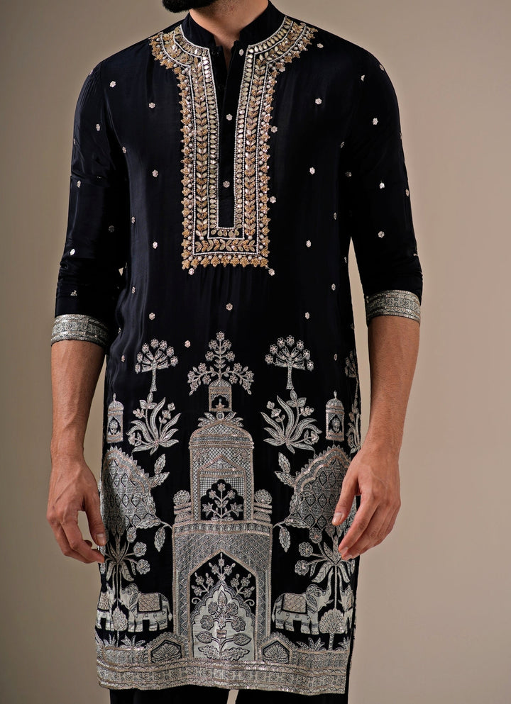 Black Chinon Kurta Pants Set
