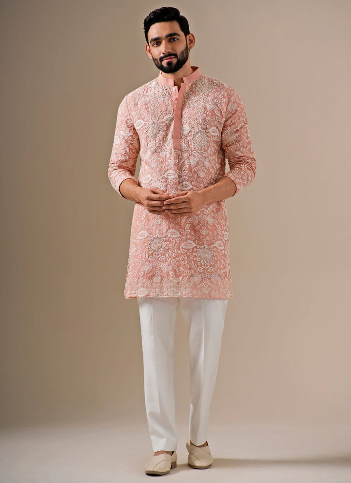 Blush Pink Floral Cotton Chanderi Kurta Set