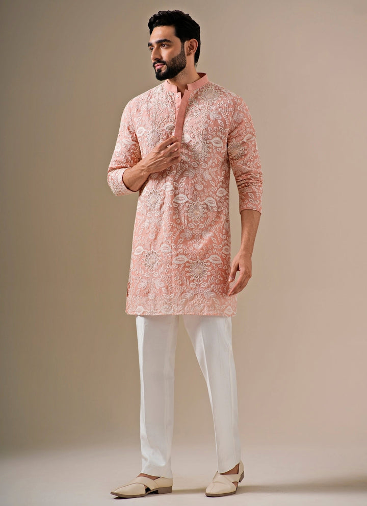 Blush Pink Floral Cotton Chanderi Kurta Set
