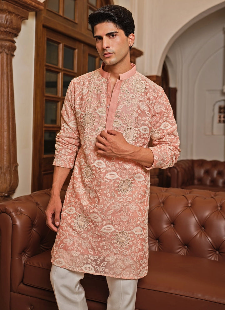 Blush Pink Floral Cotton Chanderi Kurta Set