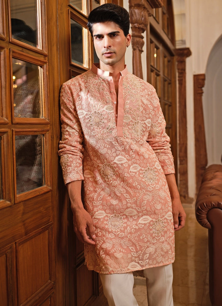 Blush Pink Floral Cotton Chanderi Kurta Set