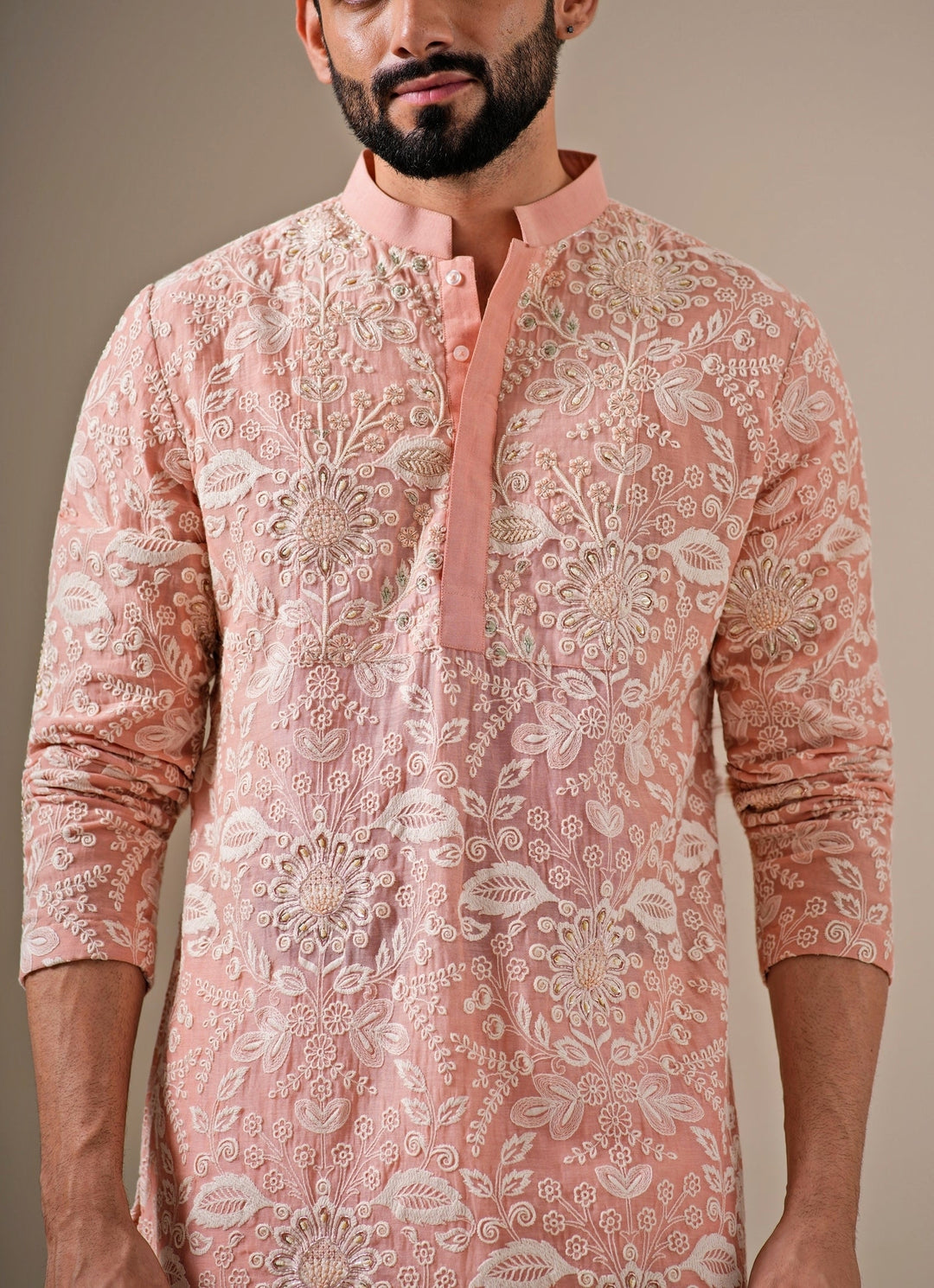 Blush Pink Floral Cotton Chanderi Kurta Set