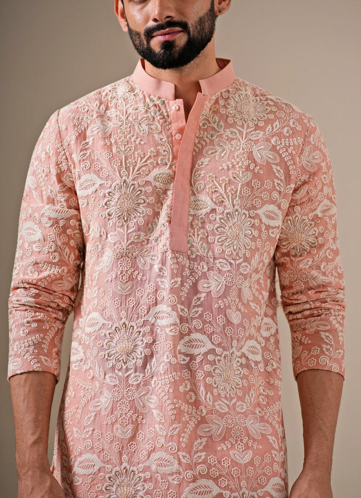 Blush Pink Floral Cotton Chanderi Kurta Set