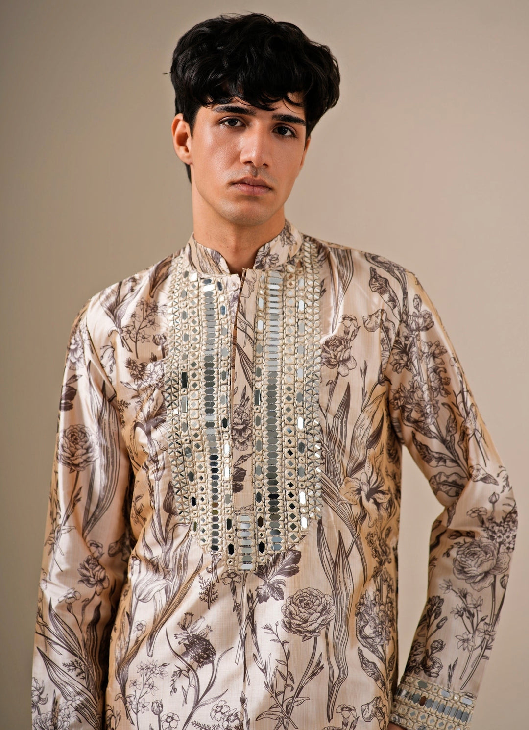 Beige Modal Silk Floral Kurta Set