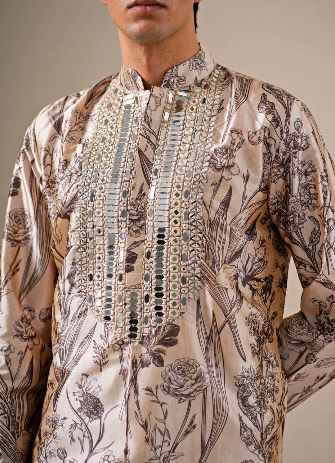 Beige Modal Silk Floral Kurta Set
