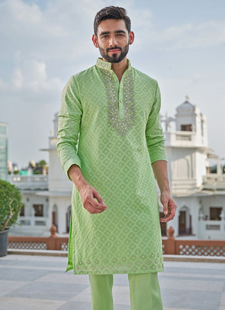 Pista Green Chanderi Jacquard Kurta Set
