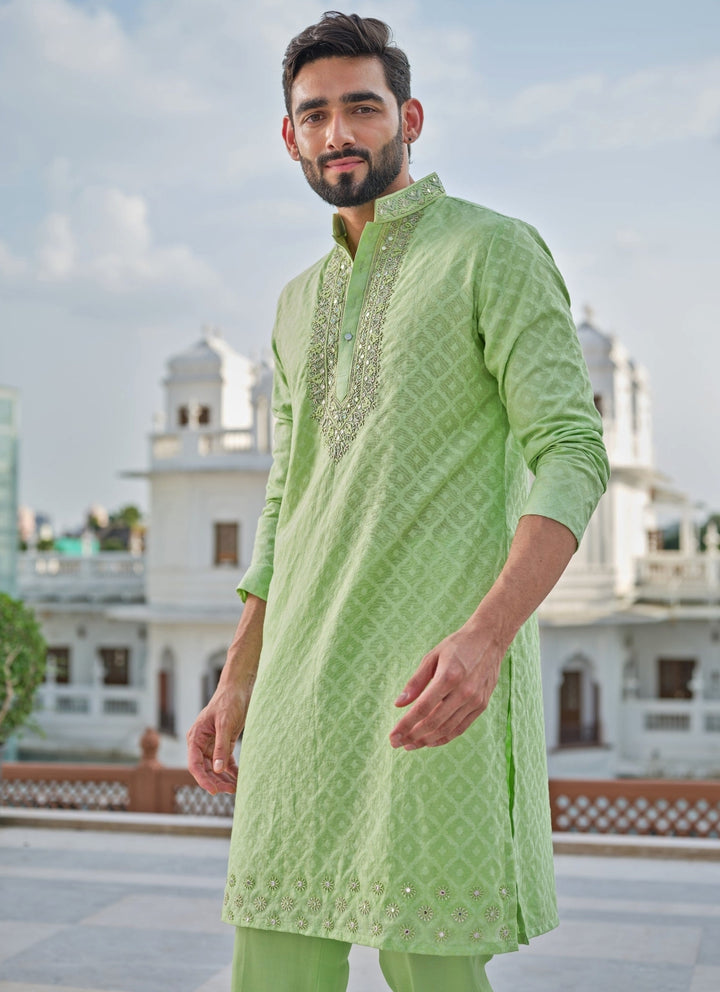 Pista Green Chanderi Jacquard Kurta Set