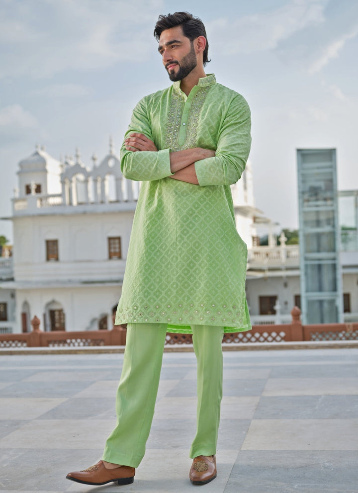 Pista Green Chanderi Jacquard Kurta Set