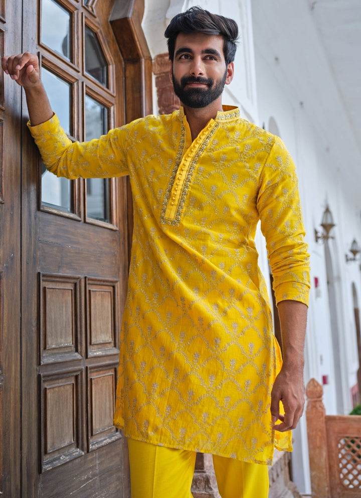 Yellow Chanderi Cotton Kurta Set