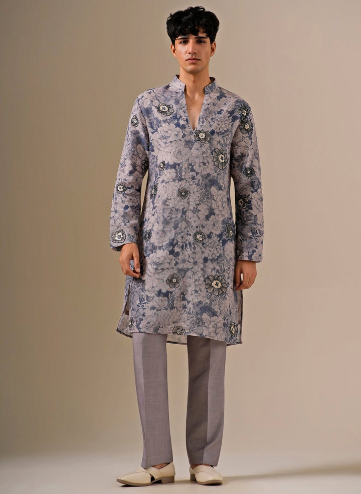 Greyish Blue Cotton Jute Kurta Set