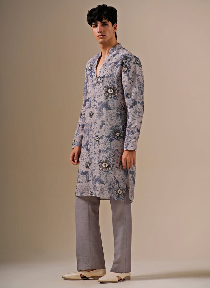 Greyish Blue Cotton Jute Kurta Set