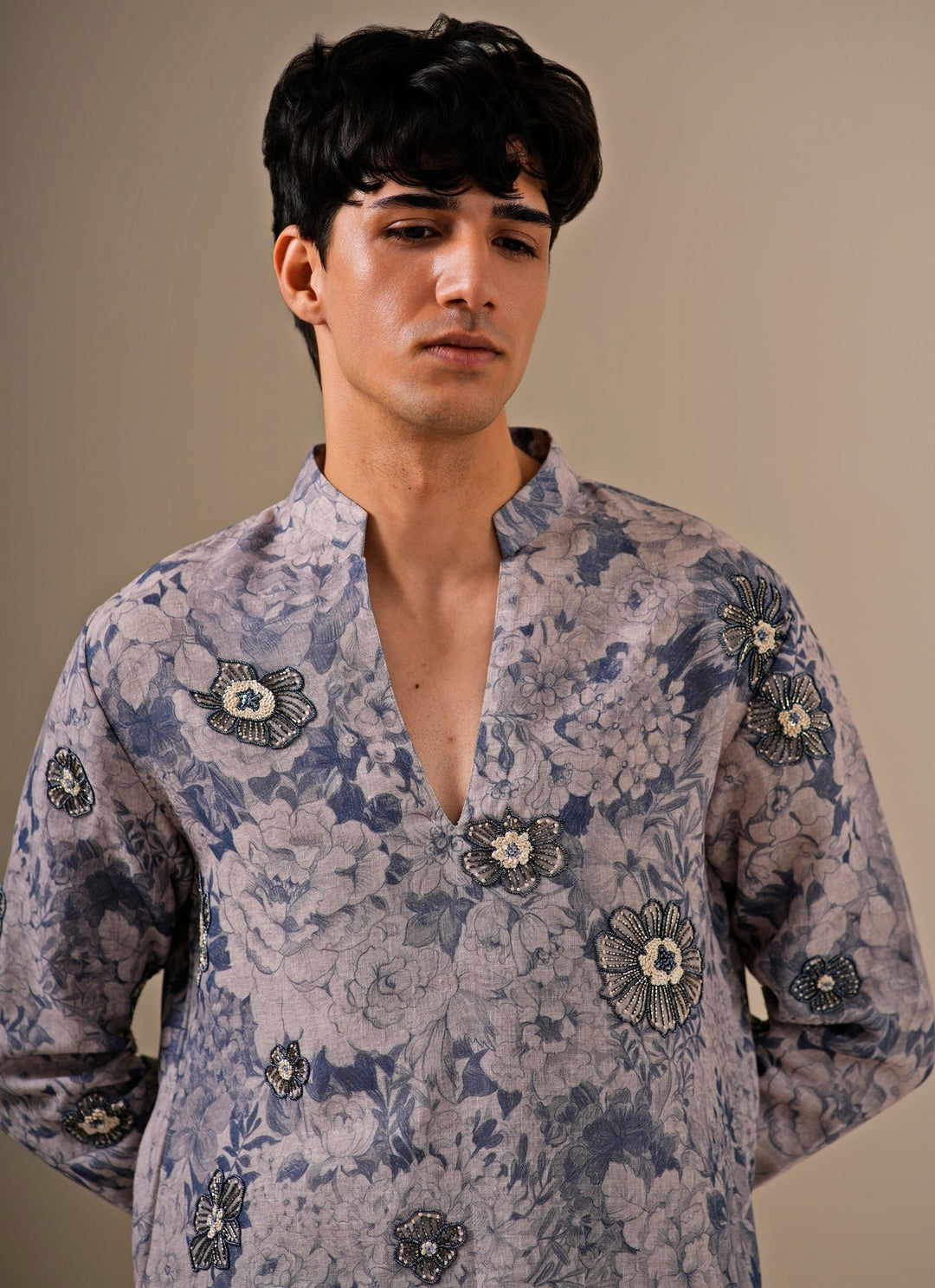 Greyish Blue Cotton Jute Kurta Set