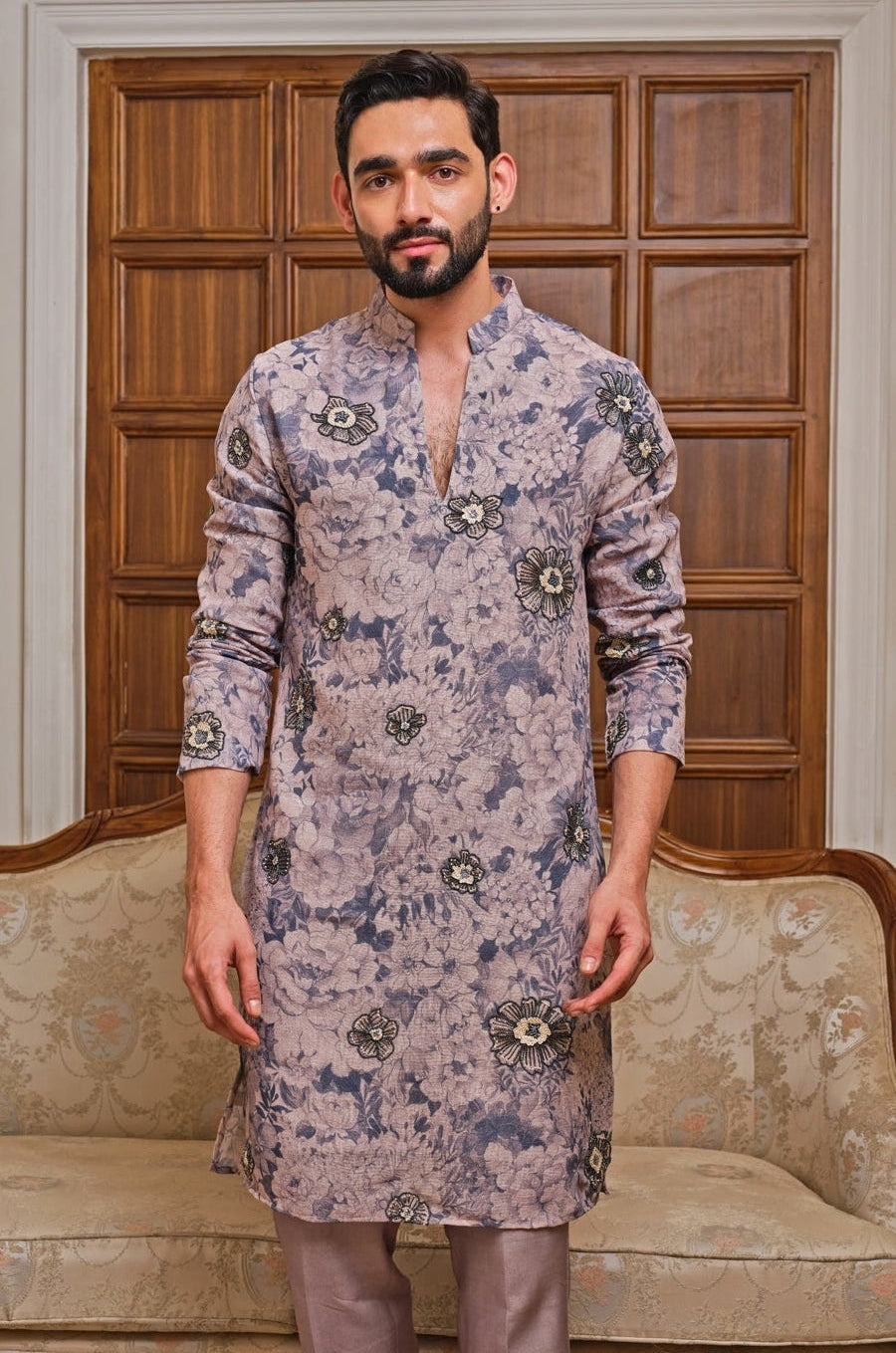 Greyish Blue Cotton Jute Kurta Set