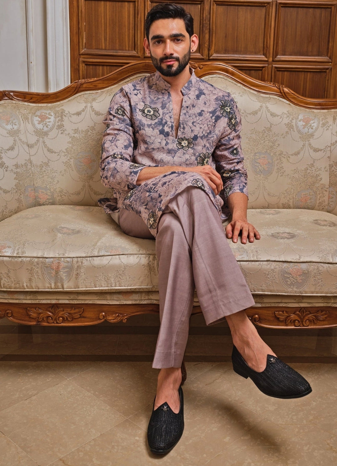 Greyish Blue Cotton Jute Kurta Set