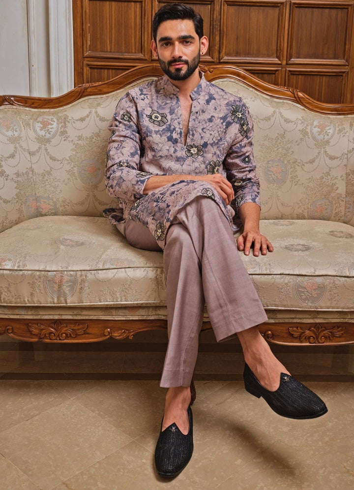 Greyish Blue Cotton Jute Kurta Set