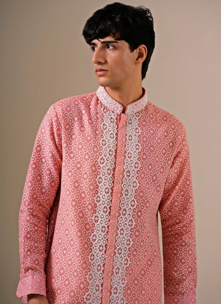 Coral Peach Cotton Jacquard Kurta Set