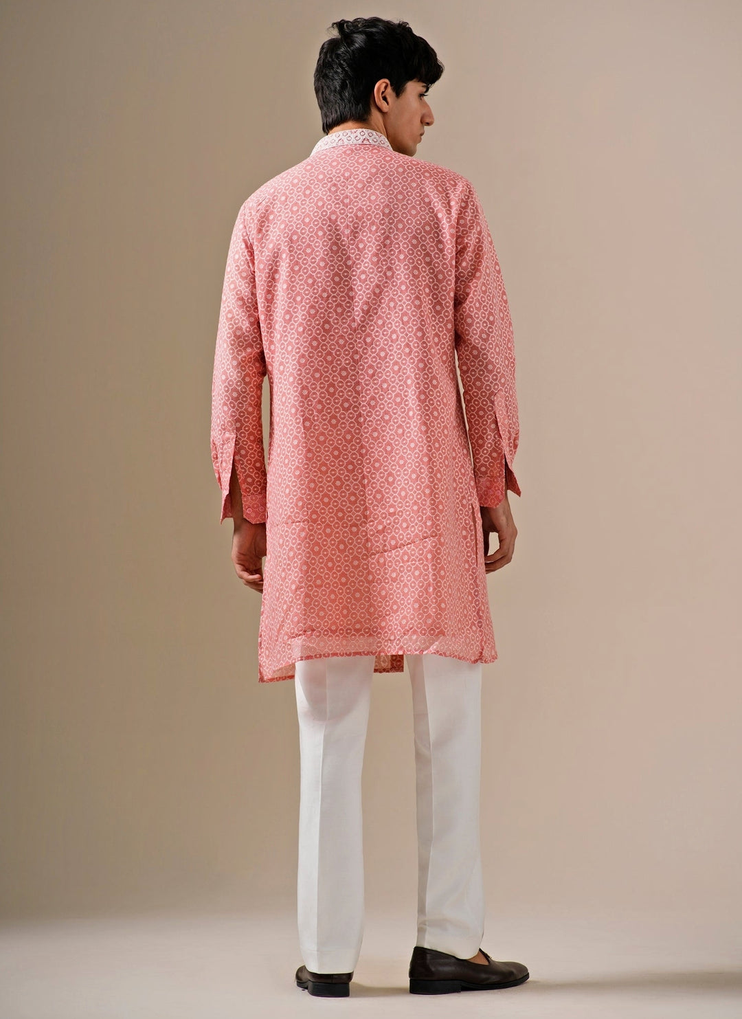 Coral Peach Cotton Jacquard Kurta Set