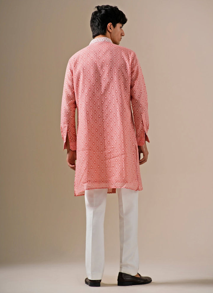 Coral Peach Cotton Jacquard Kurta Set