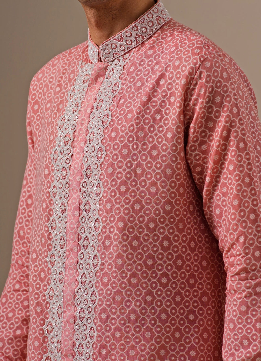Coral Peach Cotton Jacquard Kurta Set