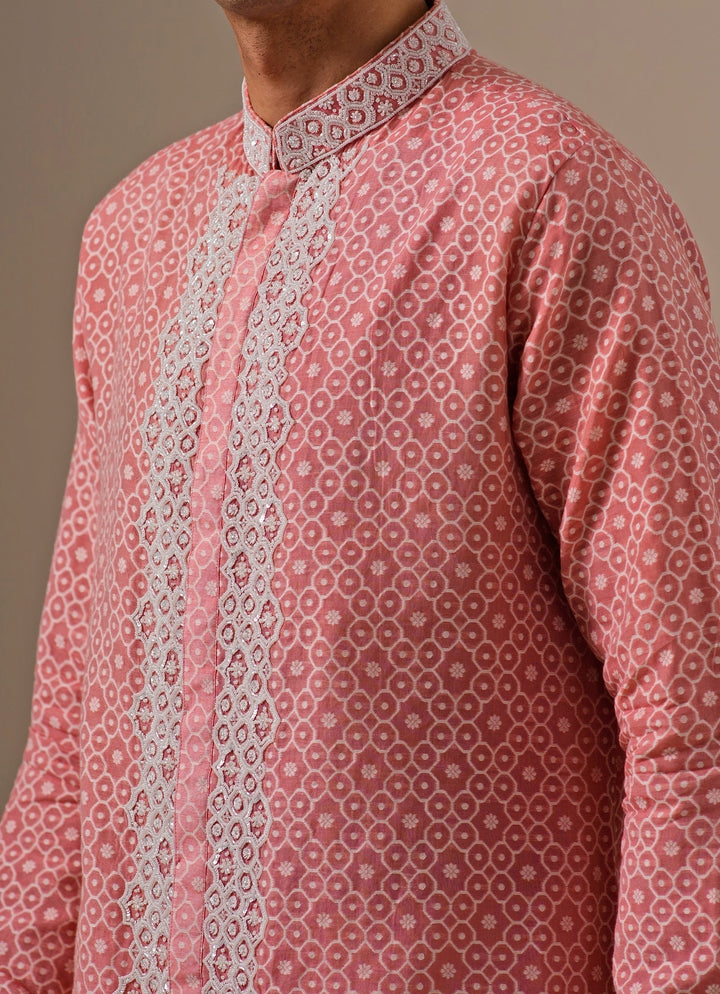Coral Peach Cotton Jacquard Kurta Set