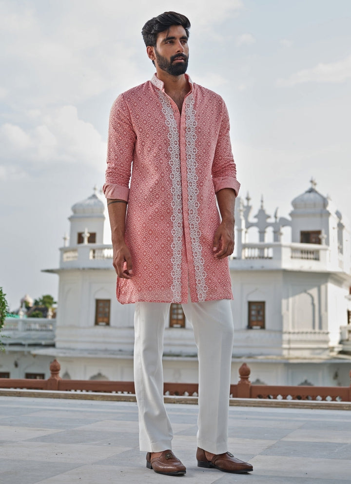 Coral Peach Cotton Jacquard Kurta Set