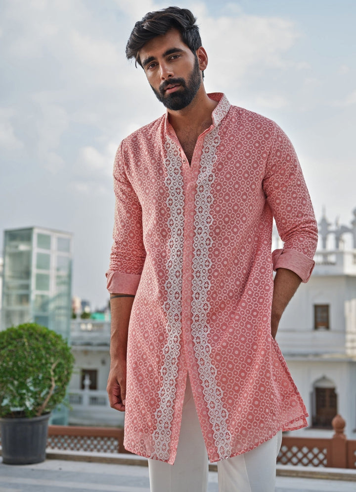 Coral Peach Cotton Jacquard Kurta Set