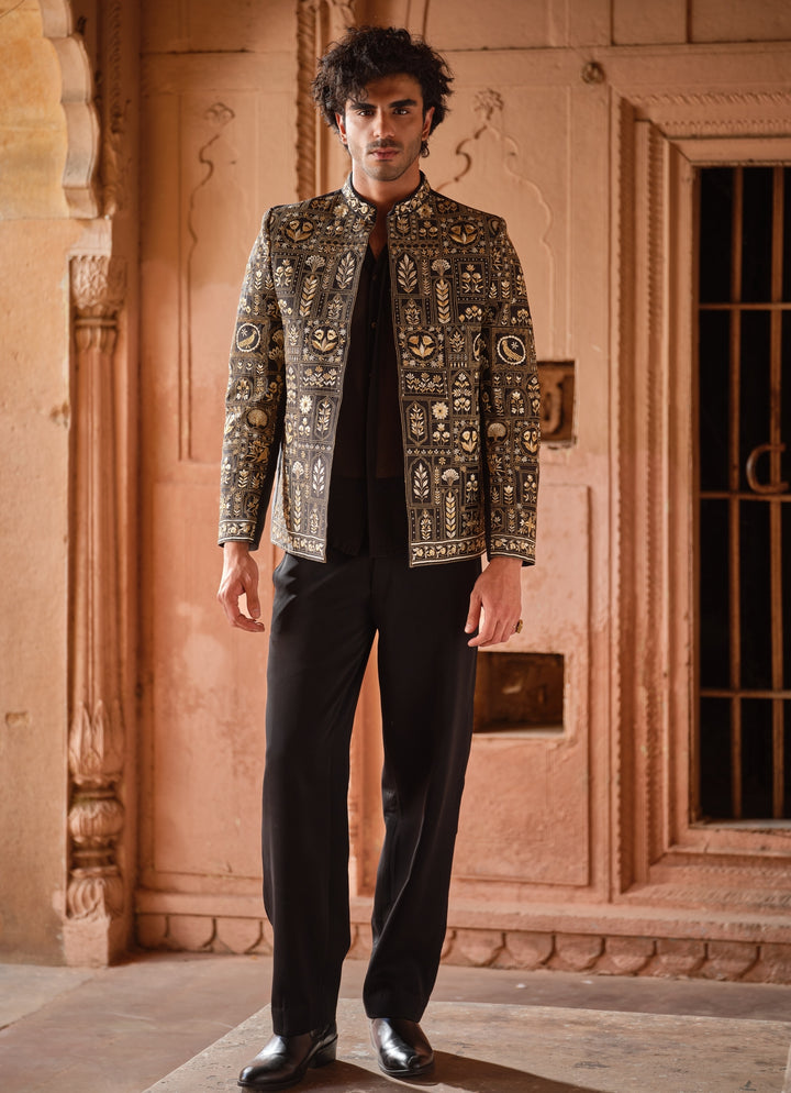 Black Embroidered Chanderi Silk Jacket Set